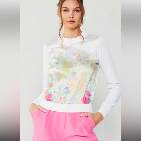 GORGEOUS NEW ROMANTIC WOVEN COMBO FLORAL PRINT SILKY PANEL SWEATER - Picture 3 of 7